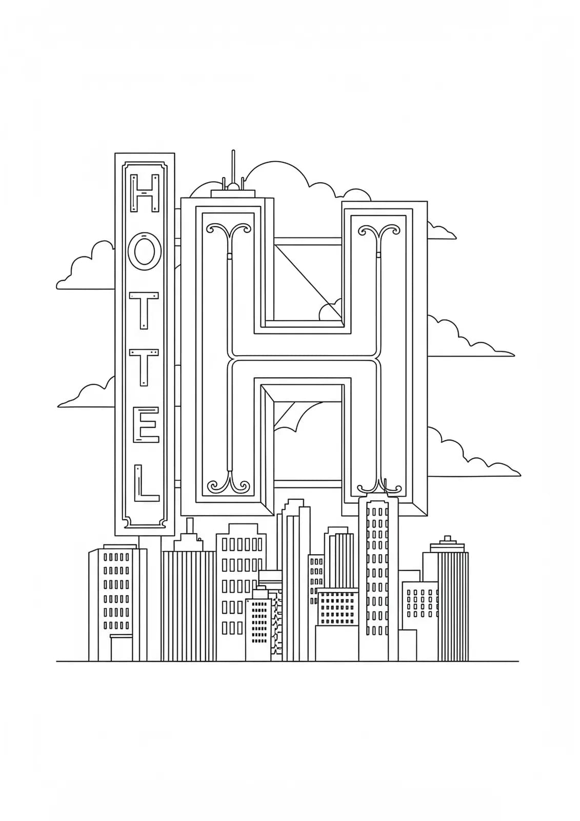 Coloring page with a neon-style letter H and a simple city skyline.
