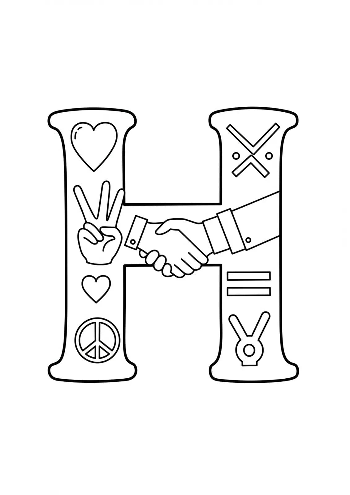 Coloring page with a big letter H and peace, unity, and equality icons.