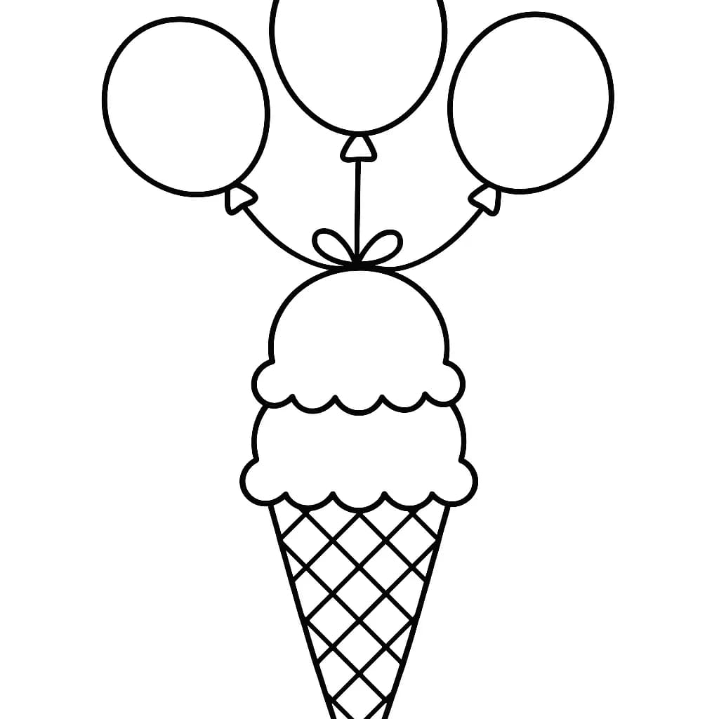 Simple line drawing of an ice cream cone with large birthday balloons, easy for preschool coloring.