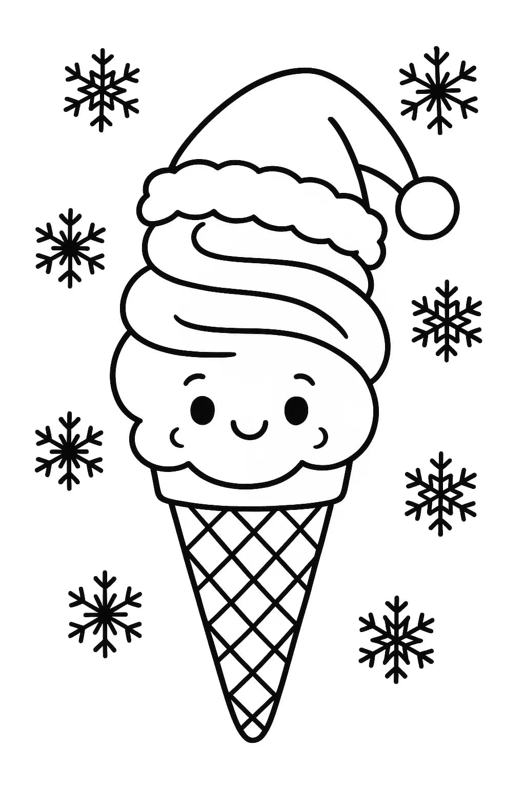 Ice cream cone with a Santa hat and snowflakes around, easy outlines