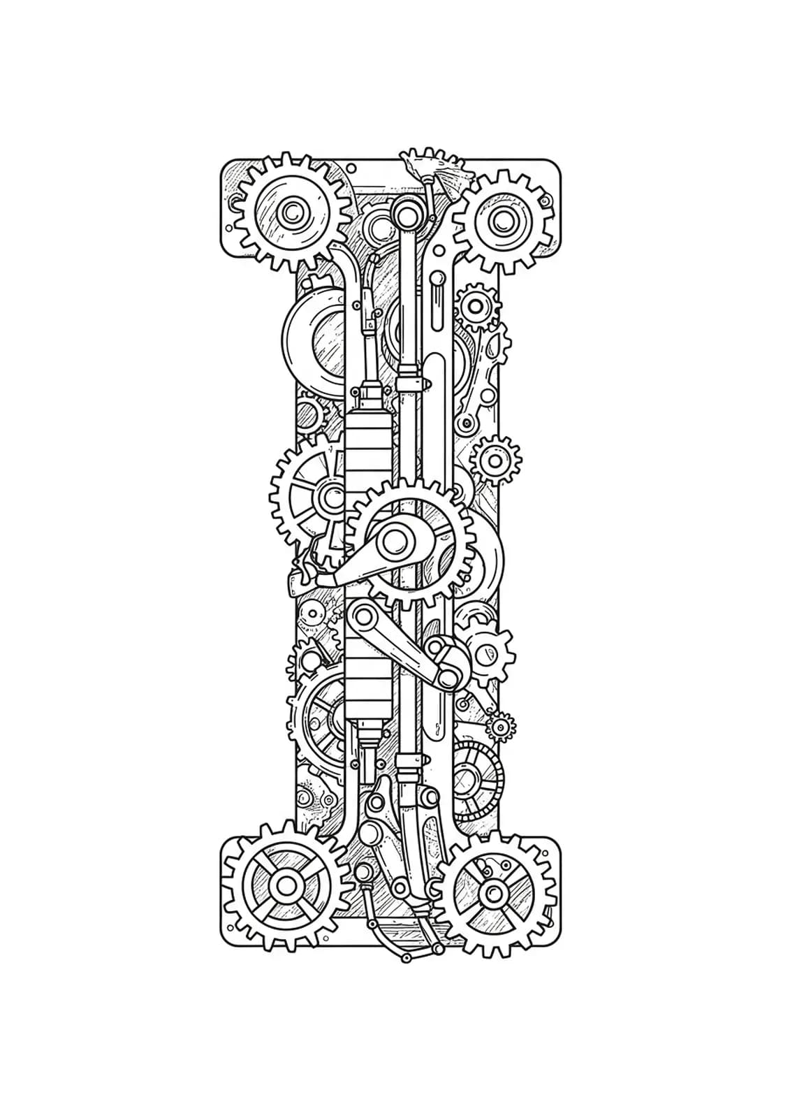 Letter I decorated with gears, cogs, and vintage machinery in medium complexity style for adults.