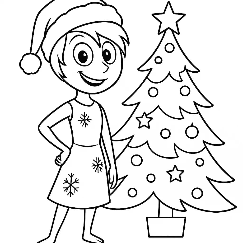 Joy from Inside Out 2 wearing a Santa hat next to a decorated tree.