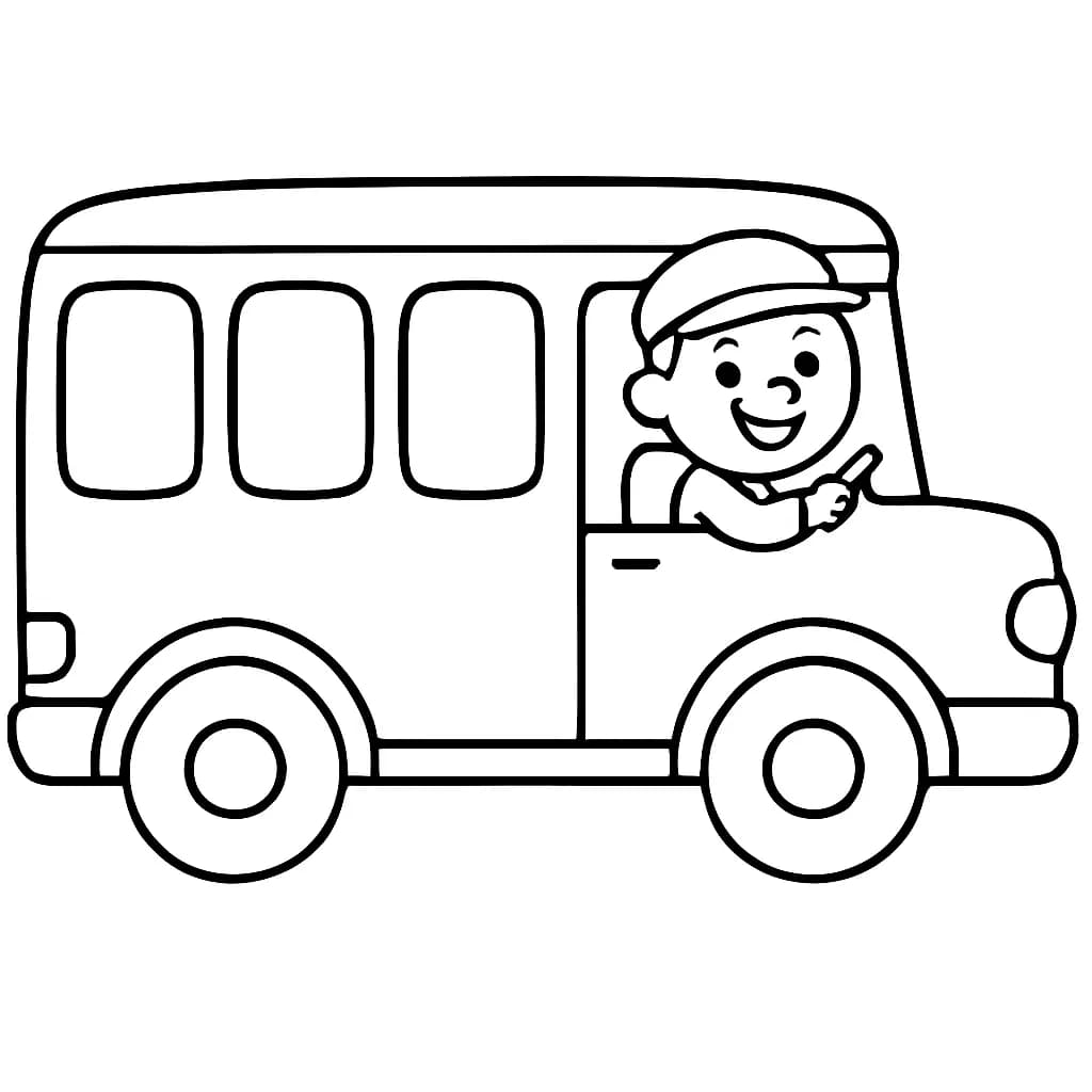 Joy from Inside Out 2 smiling and driving a large, simple school bus with big windows and wheels.