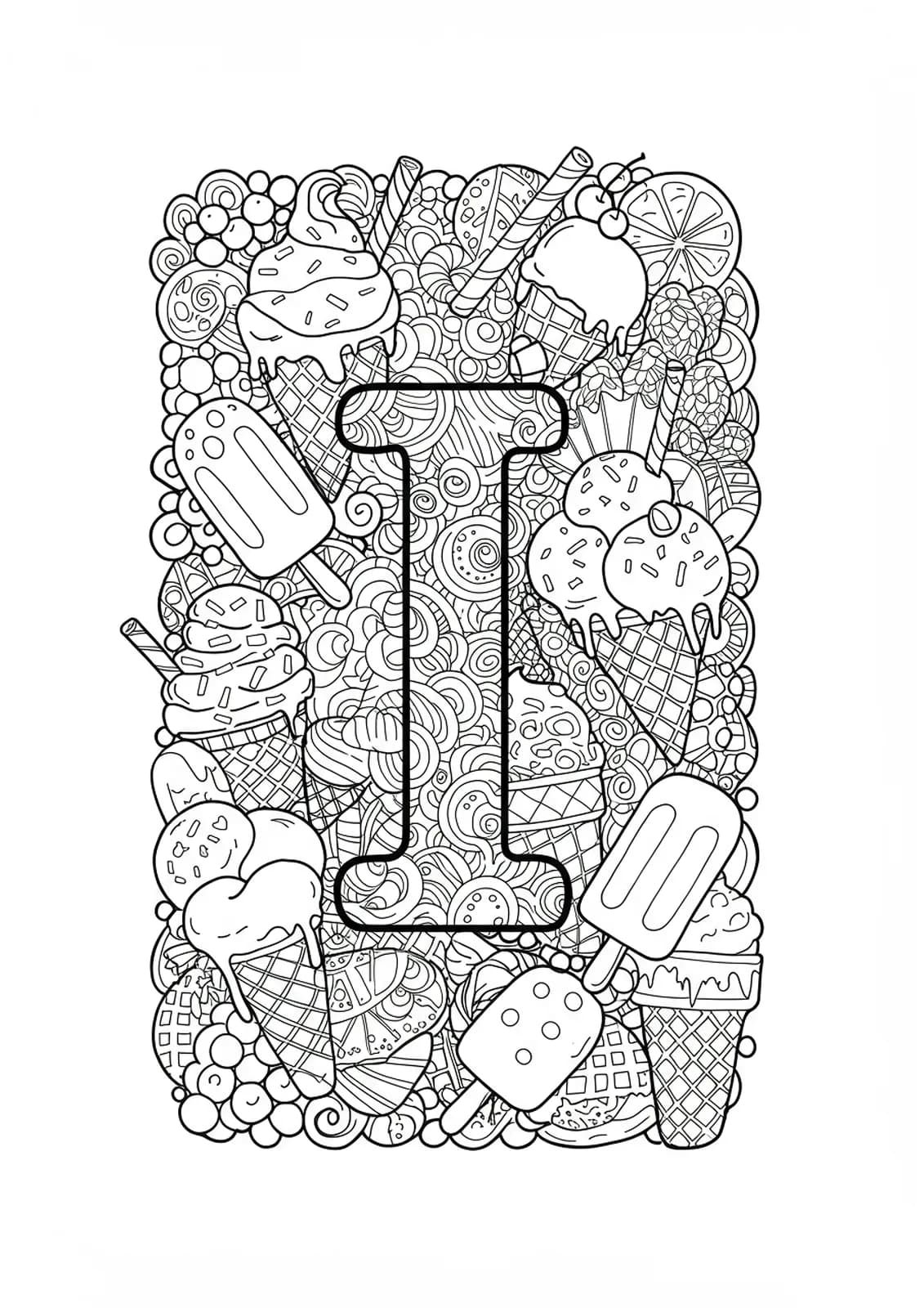 Complex Letter I with ice cream cones, popsicles, sprinkles, and fun patterns for preschool coloring.
