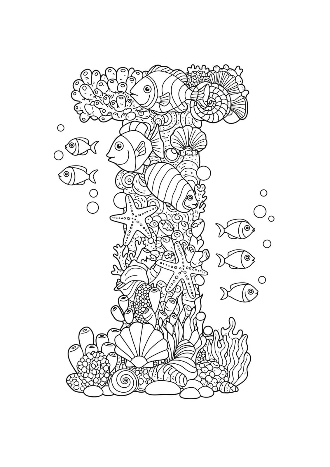 Complex under-the-sea scene with fish, coral, and seashells surrounding a patterned letter I for coloring.