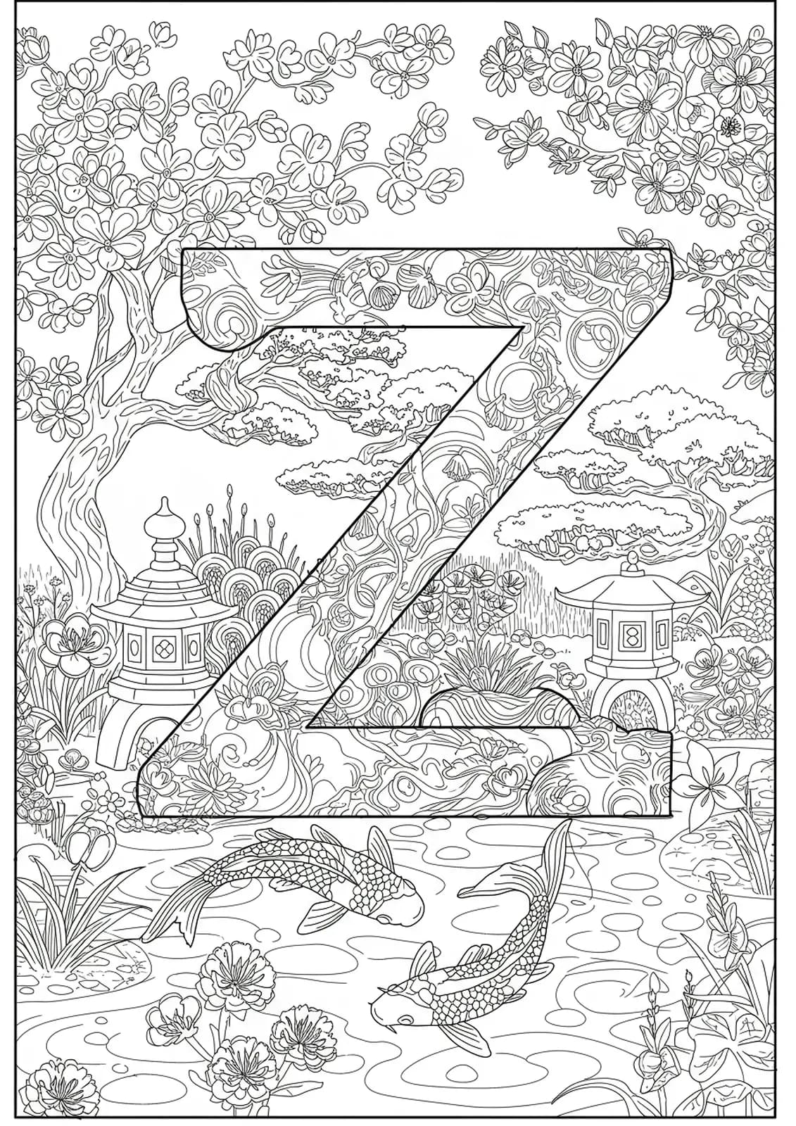 Letter Z with koi ponds, bonsai trees, and lanterns in a Japanese garden, hard coloring page for teens.