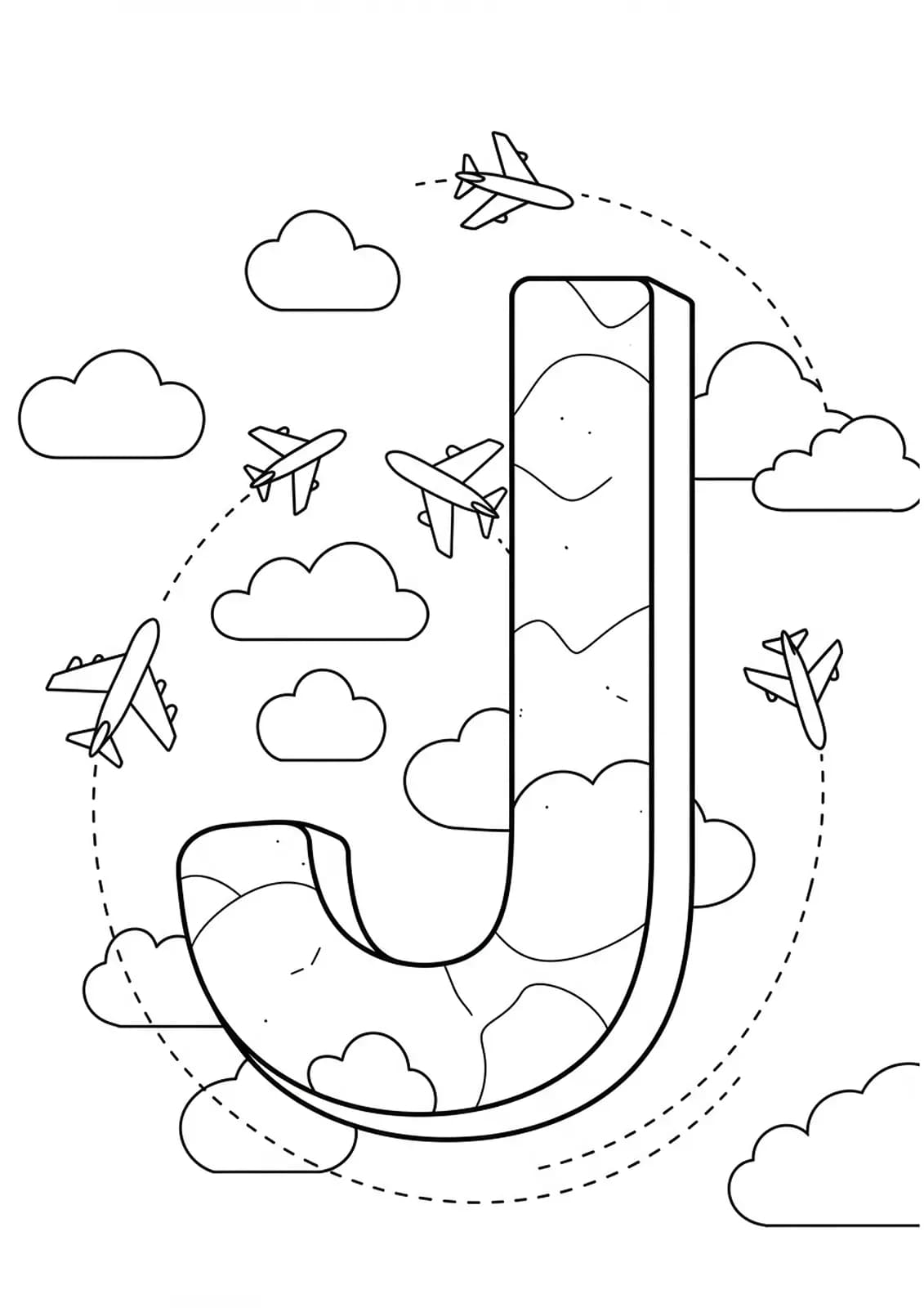 Printable coloring page of the letter J with jet planes, flight paths, and clouds, medium detail for elementary students.