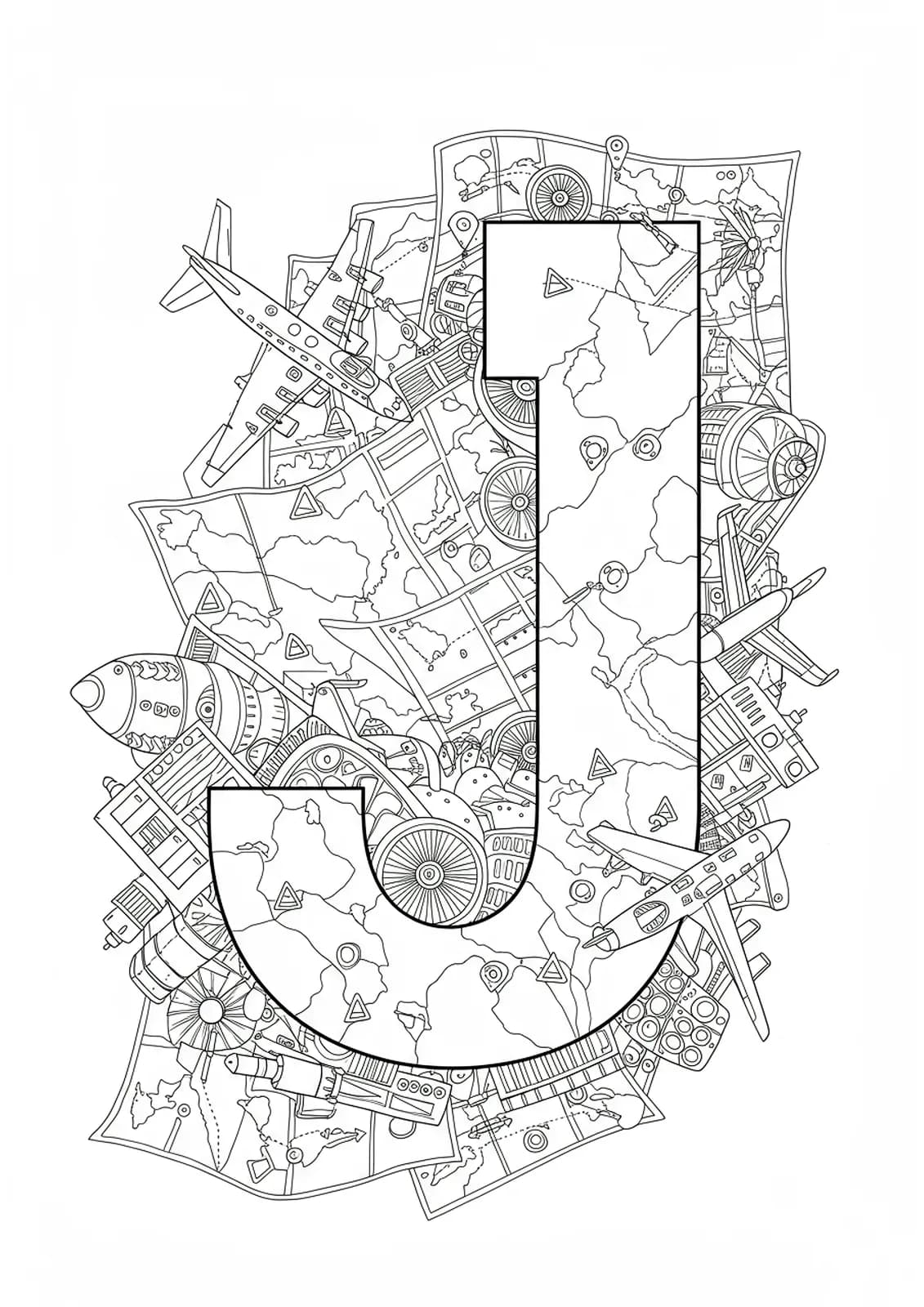 Intricate letter J surrounded by airplanes, jet engines, and maps for an advanced transportation coloring page.
