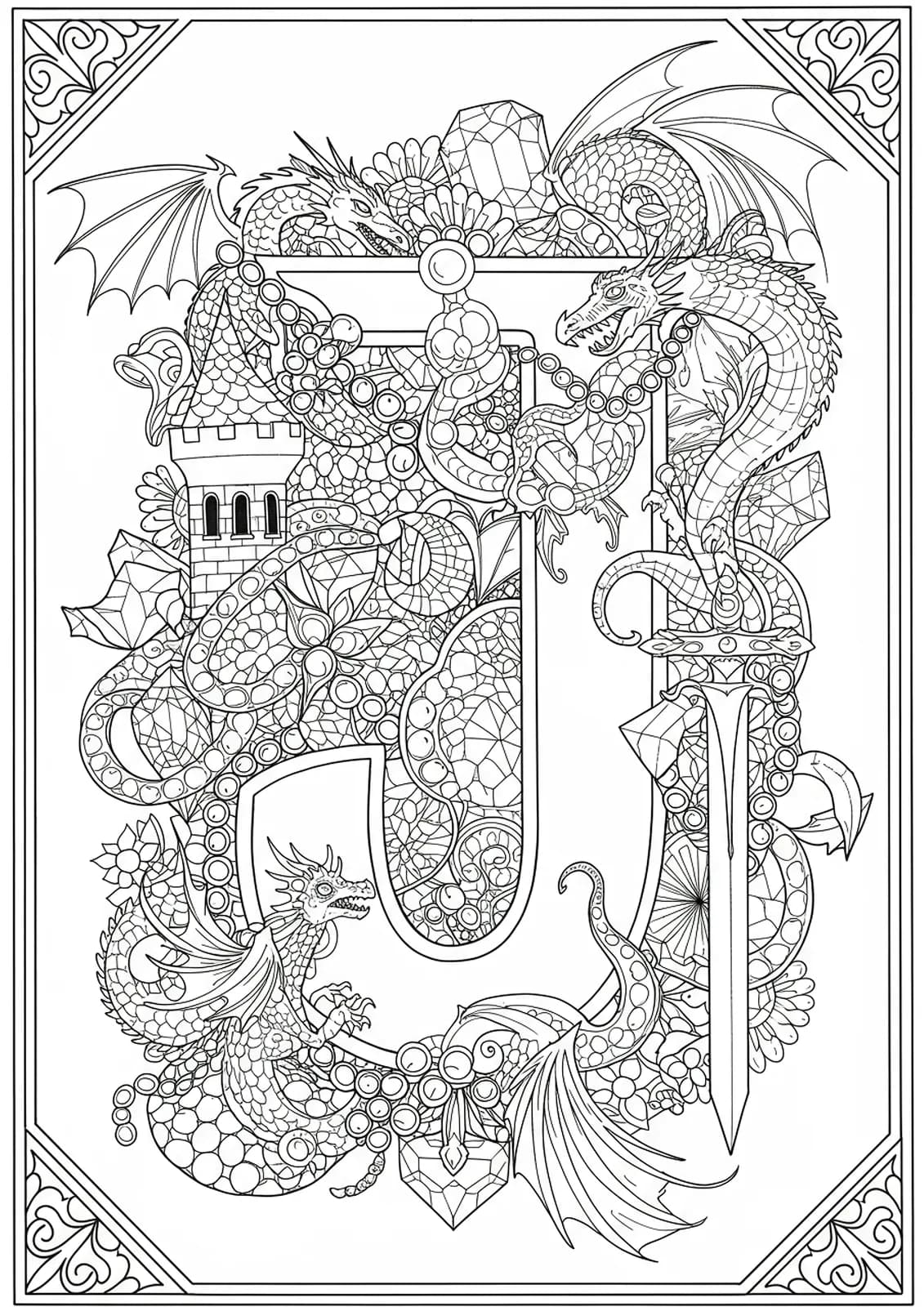 Letter J with detailed jewels, castle towers, and dragons, perfect for a hard fantasy-themed coloring activity.