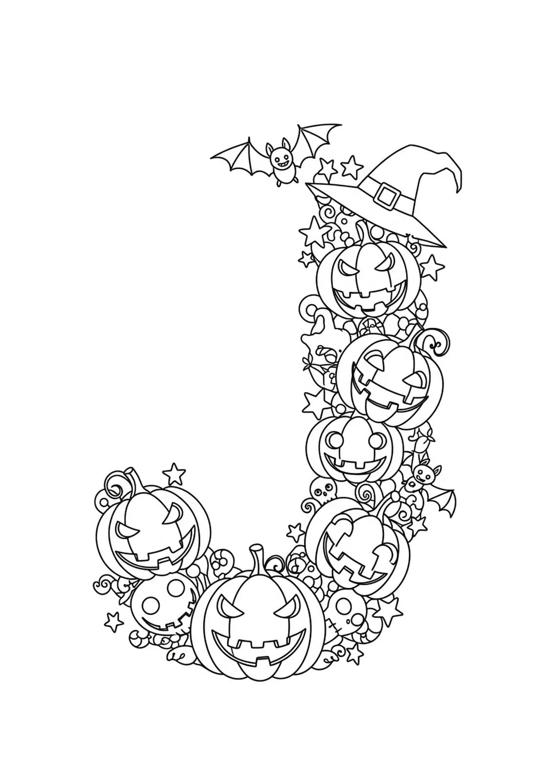 Medium-detail coloring page showing the letter J surrounded by jack-o'-lanterns, bats, and stars for Halloween.