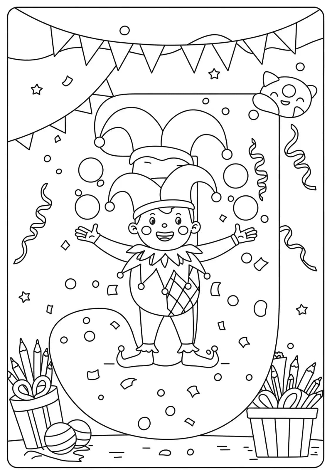 Coloring page of the letter J with a jester, juggling balls, and party streamers, medium complexity for elementary.