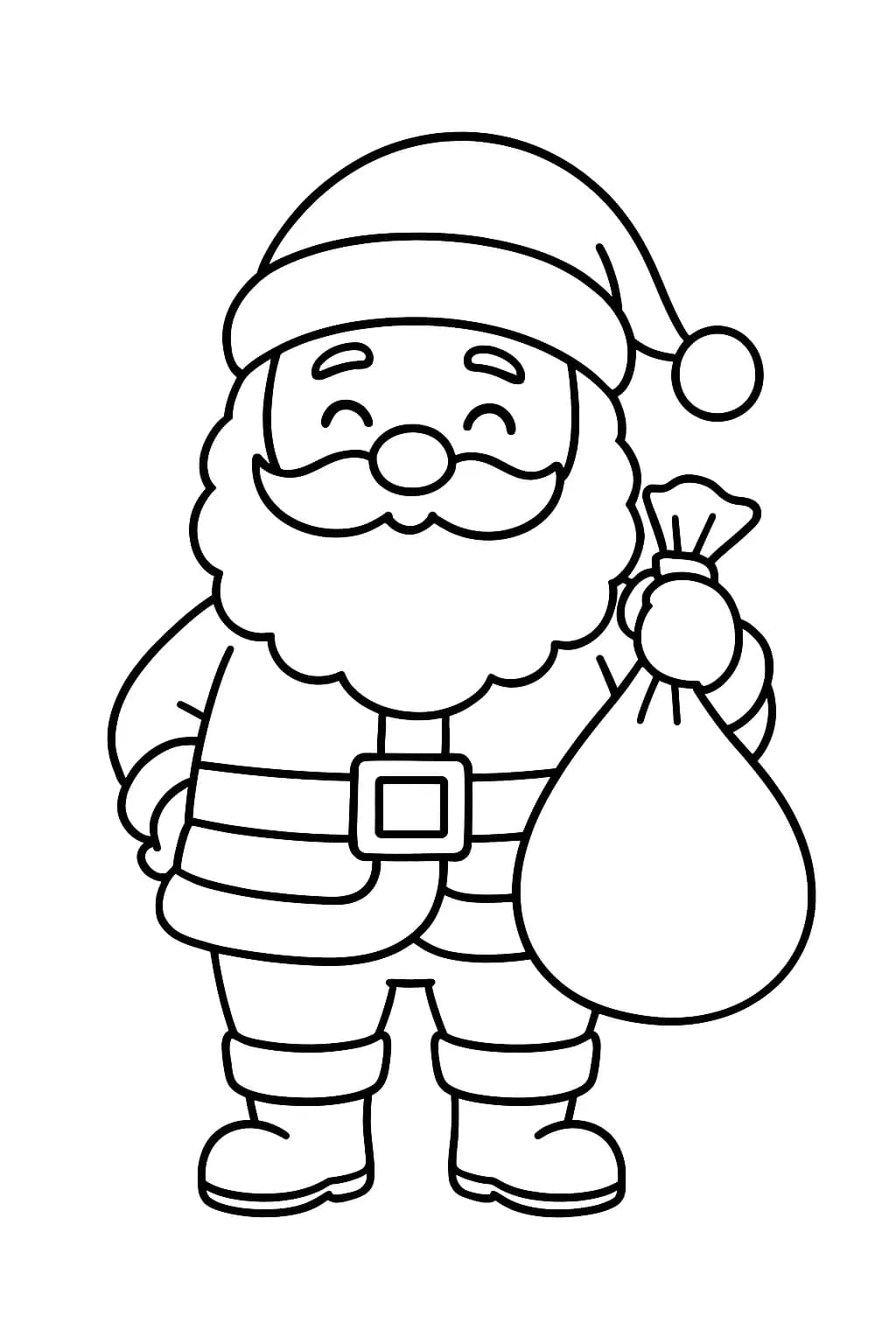 Simple outline drawing of Santa Claus with a big gift bag, designed for preschool coloring.