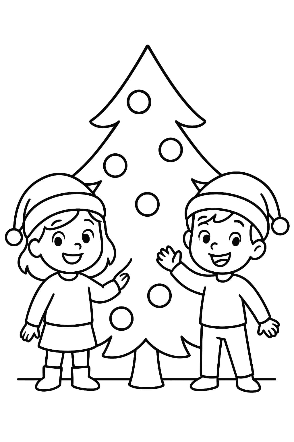 Joy and Sadness from Inside Out 2 wearing Santa hats next to a big Christmas tree with large ornaments, simple outlines.