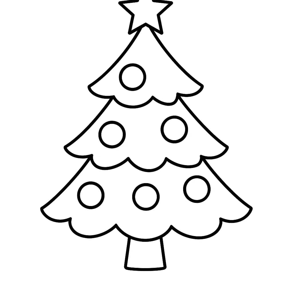 Simple Christmas tree with big ornaments and a star, easy coloring page for preschool.