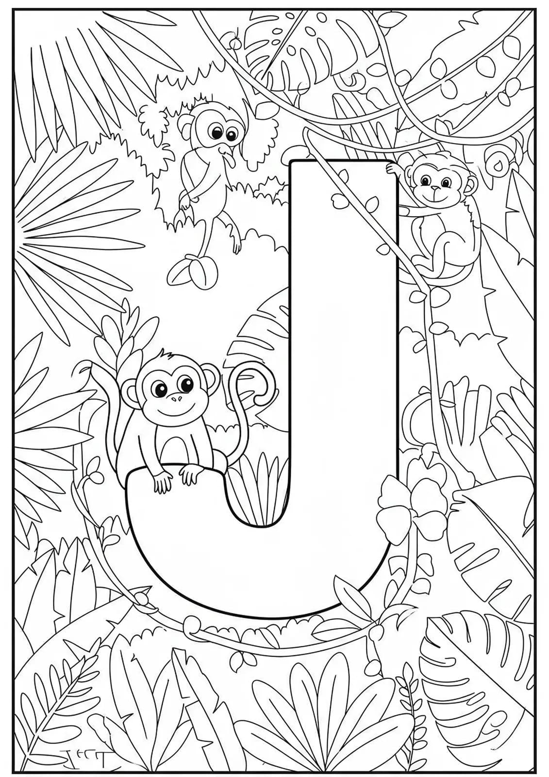 Printable coloring page with medium detail of the letter J, jungle animals, vines, and leaves for elementary kids.