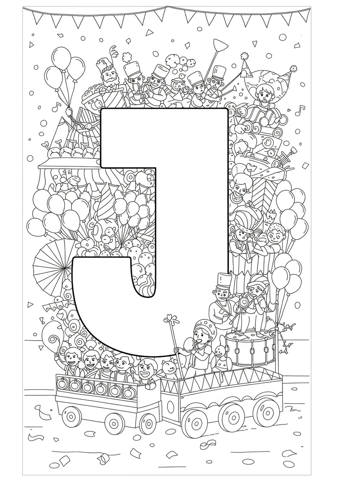Letter J with intricate parade floats, balloons, confetti, and musical bands for a challenging celebration coloring page.