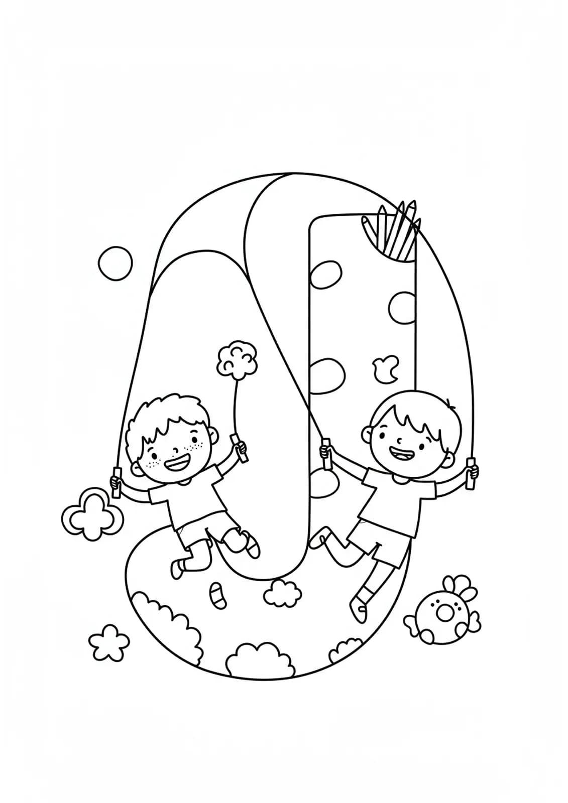 Printable coloring page with medium detail of letter J with children jumping rope and playful action lines.
