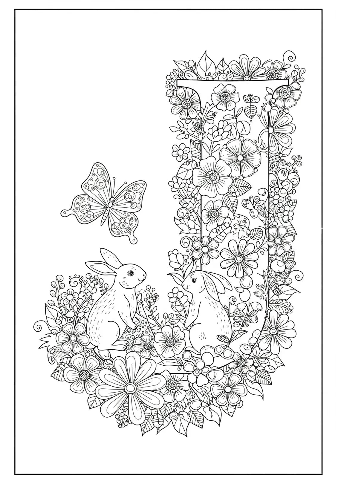 Letter J surrounded by detailed spring flowers, butterflies, and bunnies, designed for complex coloring.