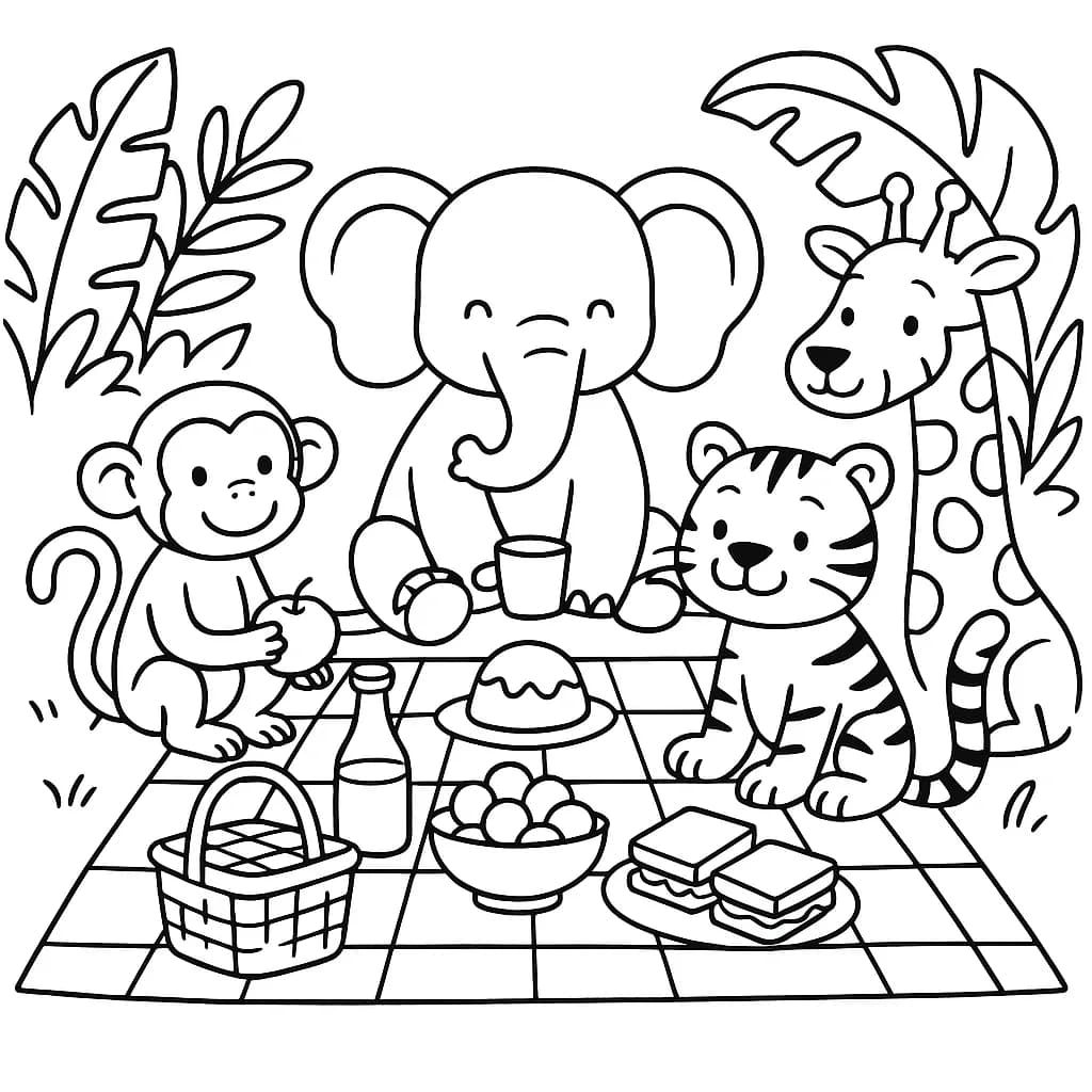 Easy coloring page of jungle animals having a picnic together with large simple outlines.