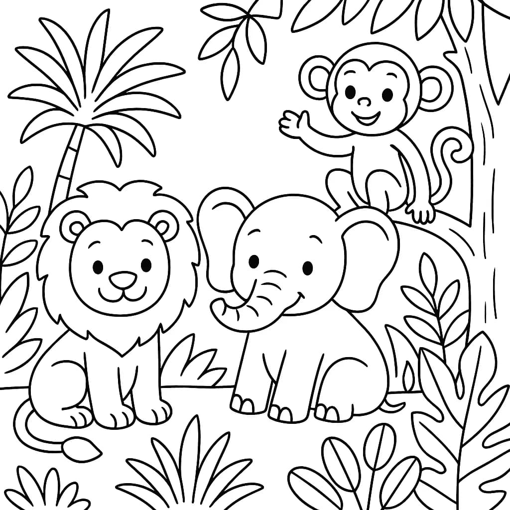 Easy outline coloring page with a lion, elephant, and monkey together, with simple jungle plants.