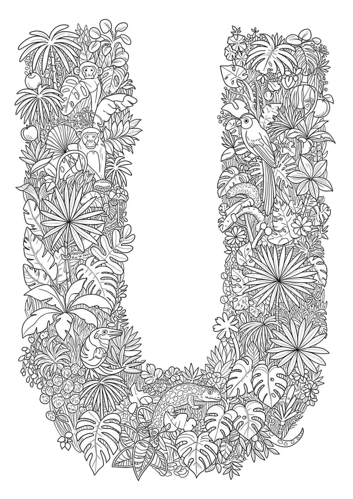 Letter U surrounded by and filled with intricate drawings of jungle plants, monkeys, birds, and reptiles for a challenging teen coloring page.