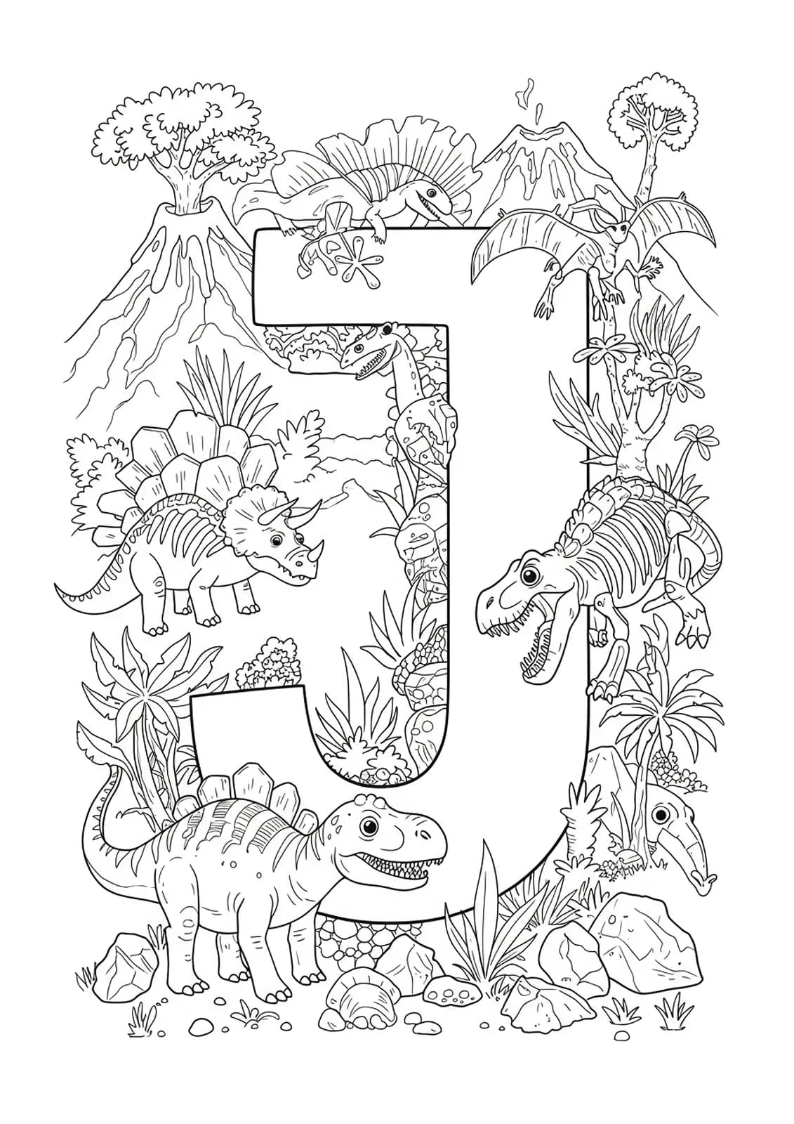 Complex letter J surrounded by dinosaurs, fossils, and volcanoes for an advanced dinosaur coloring page.