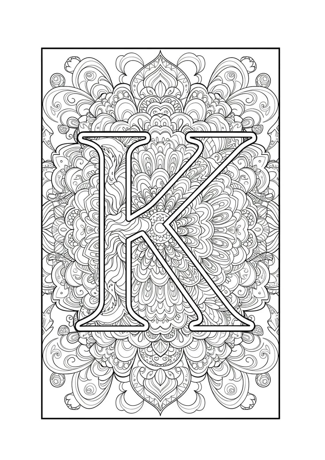 Letter K with intricate symmetrical patterns and kaleidoscope mandala designs.