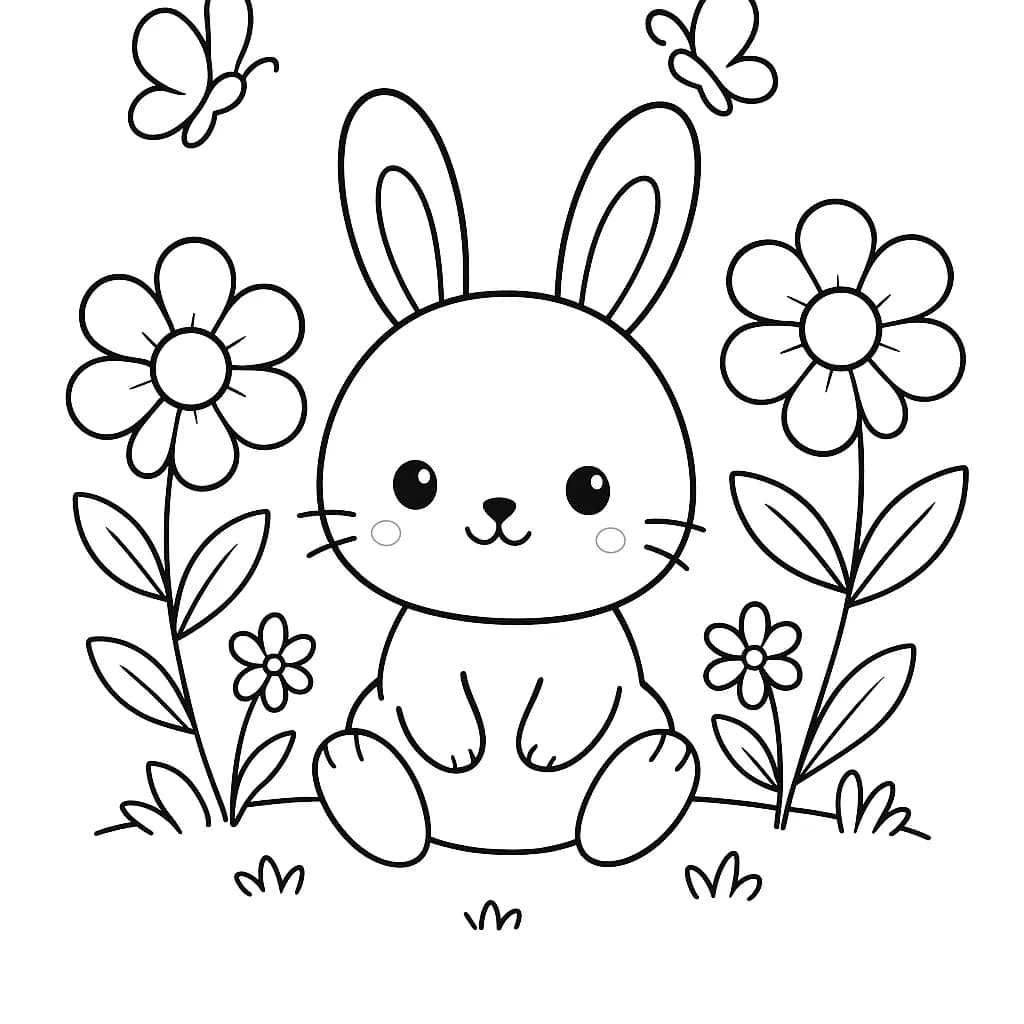 Kawaii bunny sitting in a simple garden with big flowers and butterflies, easy for young children to color.