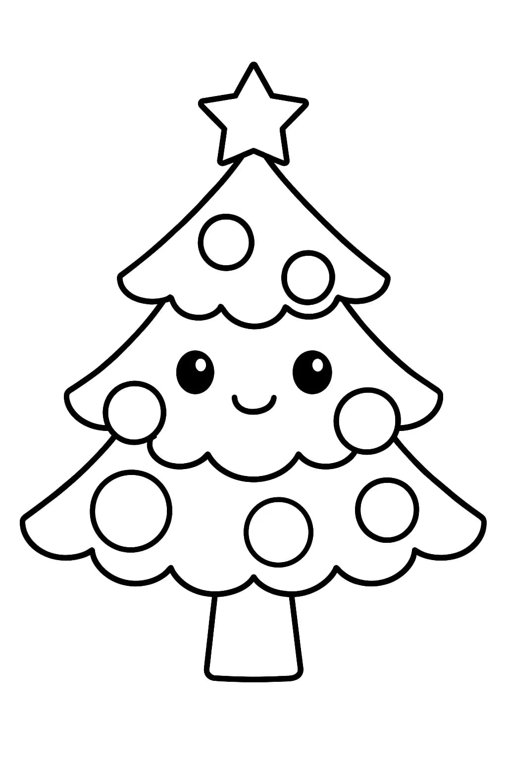 Simple outline of a kawaii Christmas tree with a smiling face and large ornaments, easy for preschoolers to color.