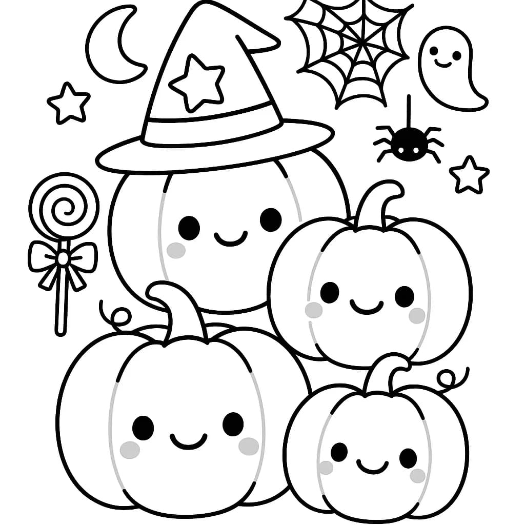 Easy coloring page with cute kawaii pumpkins and smiling faces, simple lines, and Halloween theme.