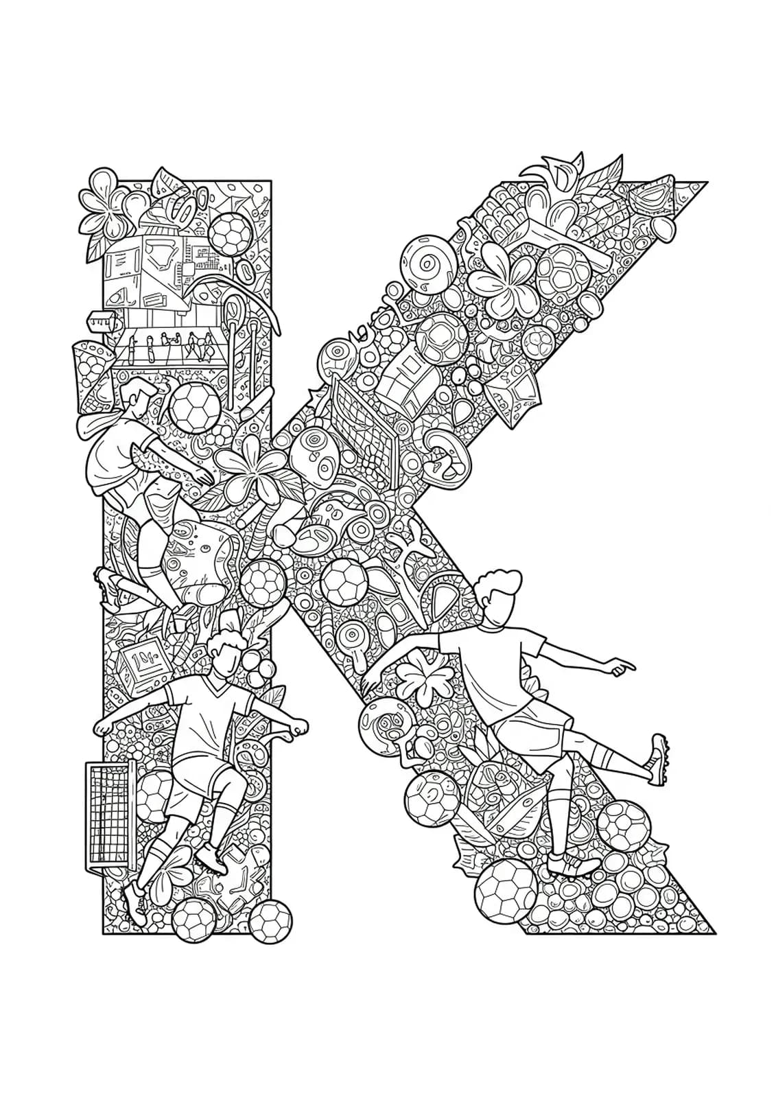 Letter K coloring page with soccer players, balls, stadium, and detailed sports patterns.