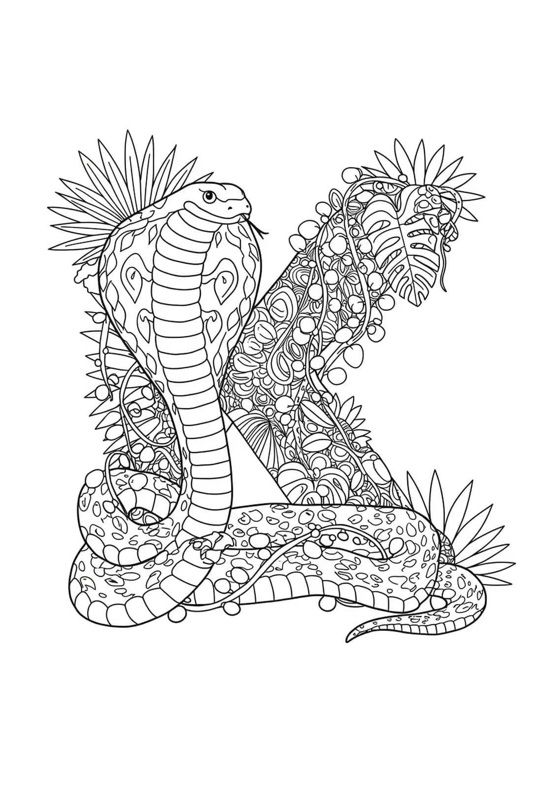 Letter K with a king cobra snake, jungle plants, and intricate wildlife patterns.