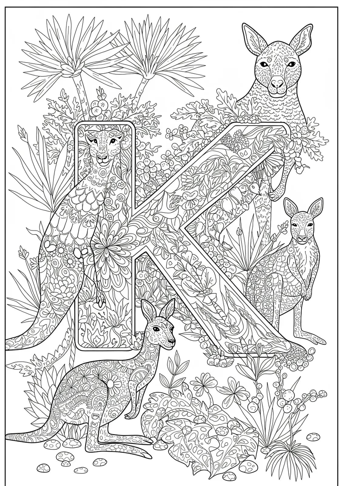 Complex letter K coloring page with kangaroos, leaves, and Australian details.