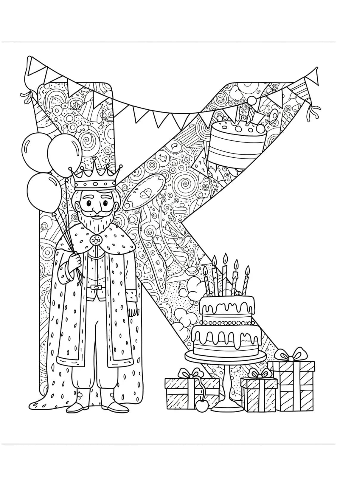 Complex letter K coloring page with a king, birthday cake, balloons, and presents.