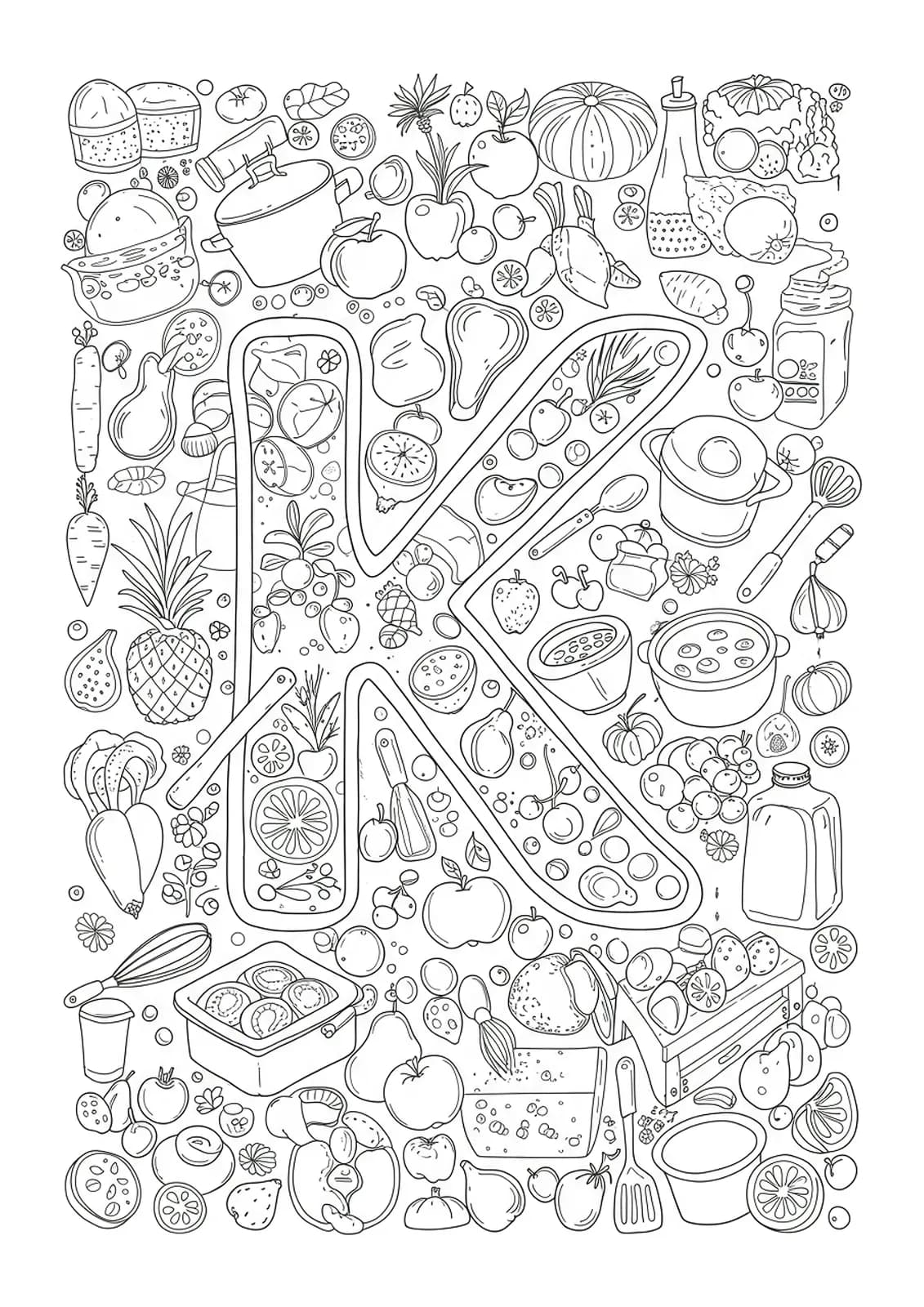 Letter K surrounded by detailed kitchen utensils, fruits, and cooking tools.