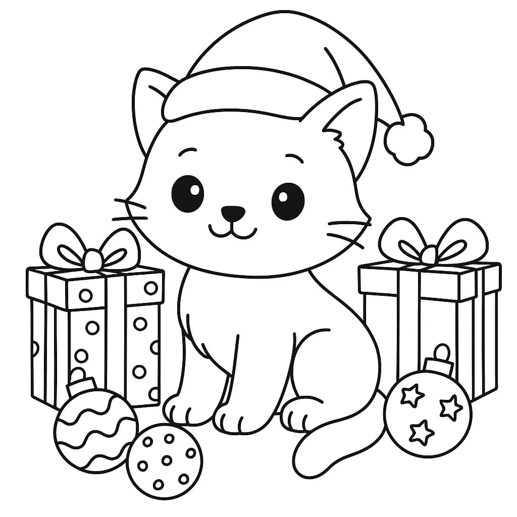 Easy coloring page of a kitty wearing a Santa hat with Christmas presents and ornaments.