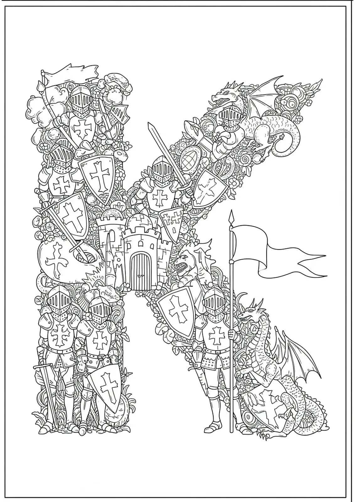 Detailed letter K with knights, dragon, castle, and medieval patterns.