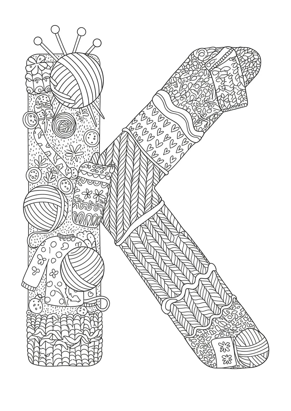 Letter K with yarn balls, knitting needles, sweaters, and complex stitch designs.