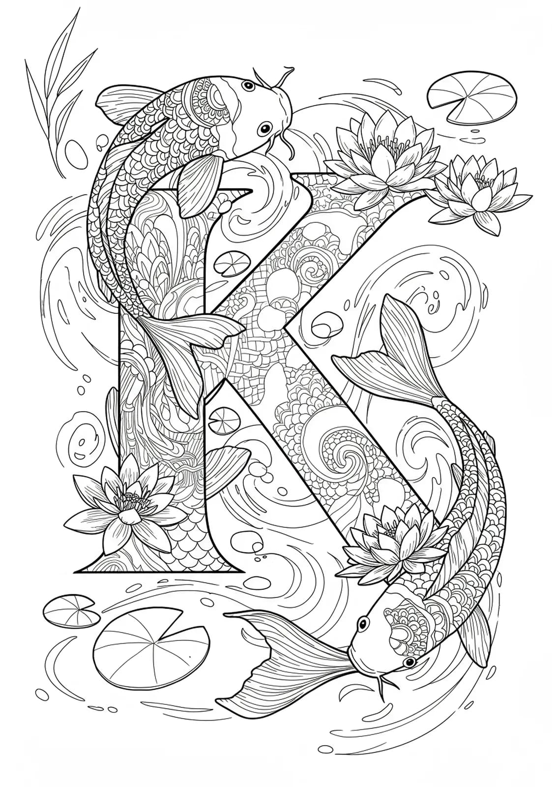 Letter K with intricate koi fish, lily pads, water plants, and swirling pond patterns.