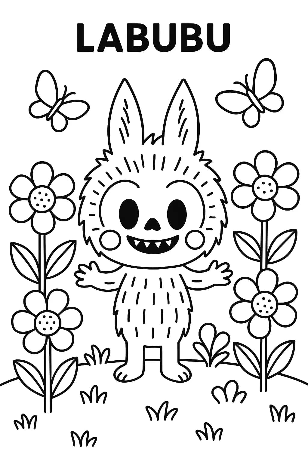 Labubu standing in a spring garden with big flowers and butterflies, simple outlines for easy coloring.