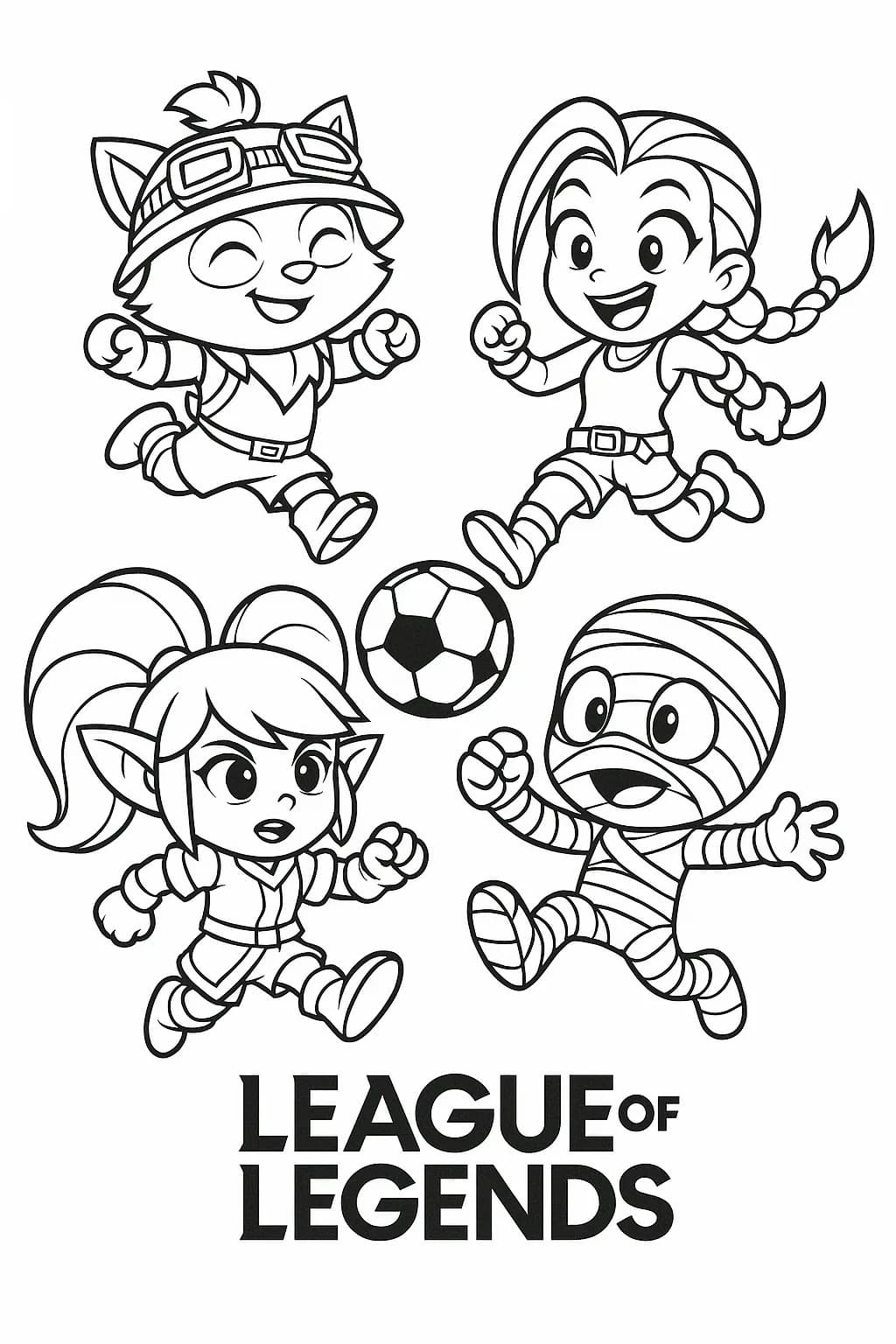 Simple League of Legends champions playing soccer, easy coloring page for preschoolers.