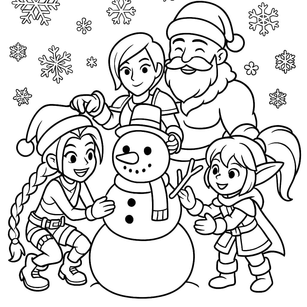 League of Legends characters building a snowman, easy winter coloring page for preschoolers.