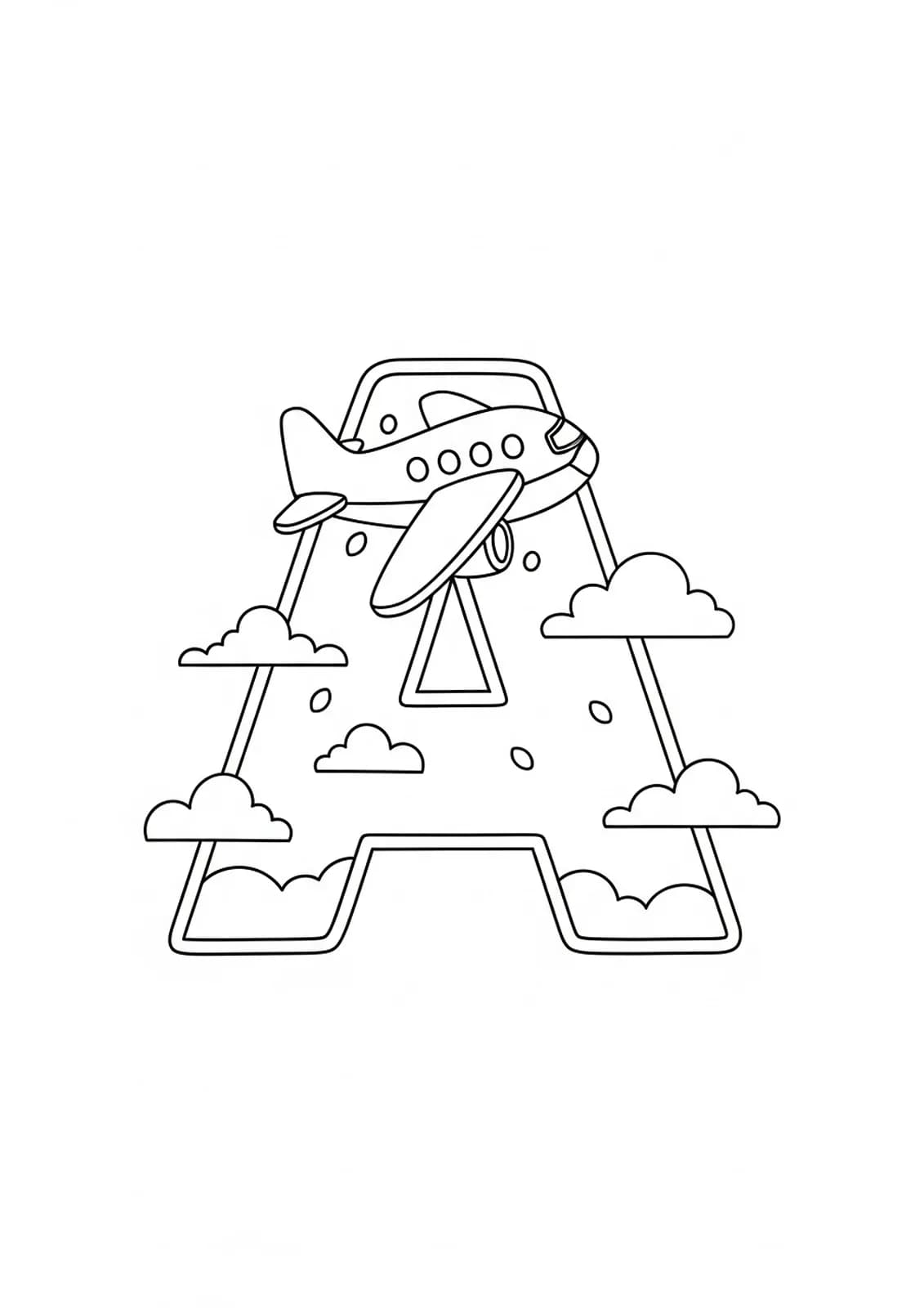 Coloring page with the letter A and a happy airplane flying through clouds.