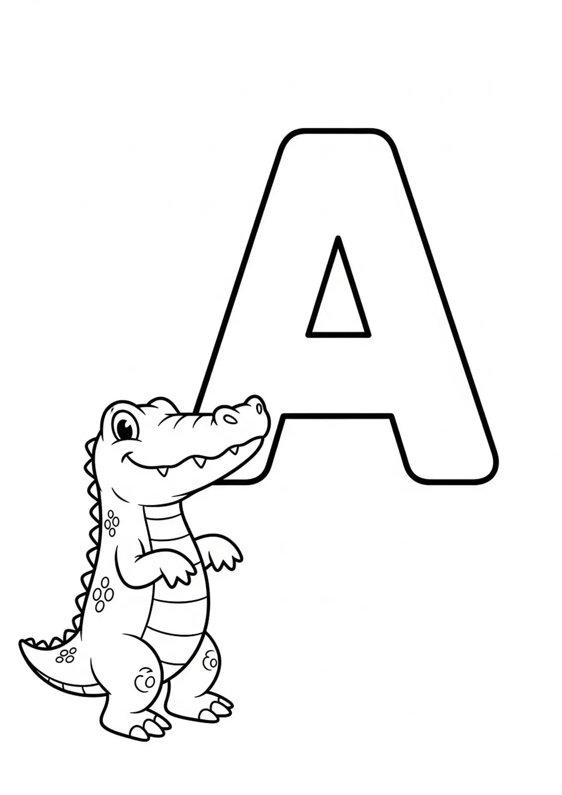 Large letter A with a simple cartoon alligator beside it, suitable for preschool coloring.