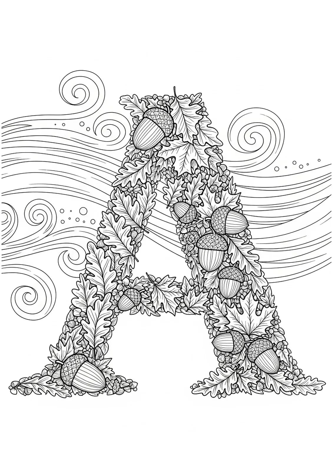 Letter A surrounded by detailed autumn leaves, acorns, and swirling wind patterns, hard coloring page for preschool