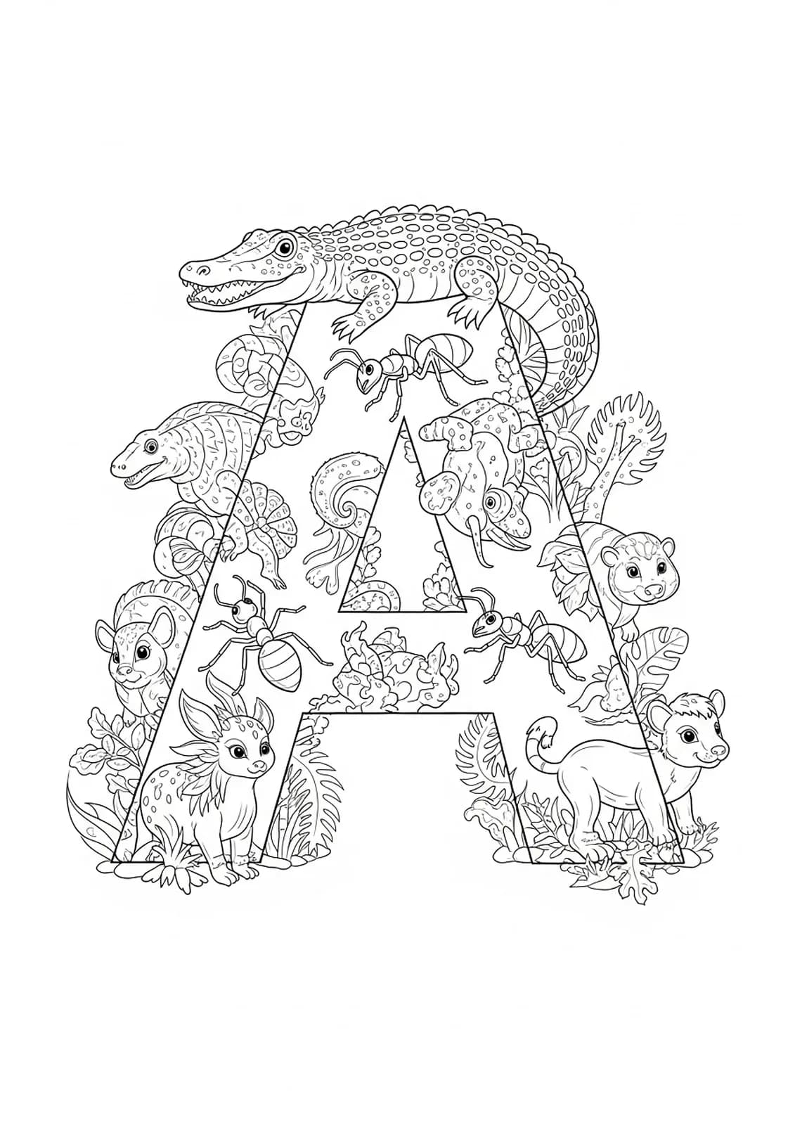 Letter A with detailed parade of animals such as alligators, ants, and armadillos, hard coloring page for preschool