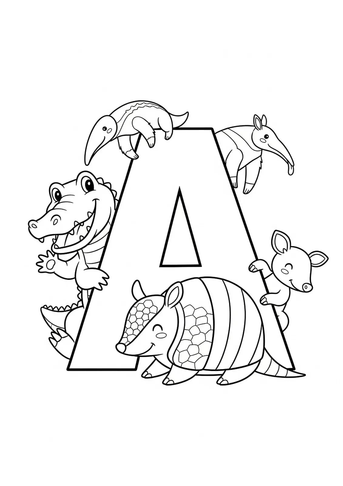 Coloring page of the letter A with a parade of various animals for preschoolers.