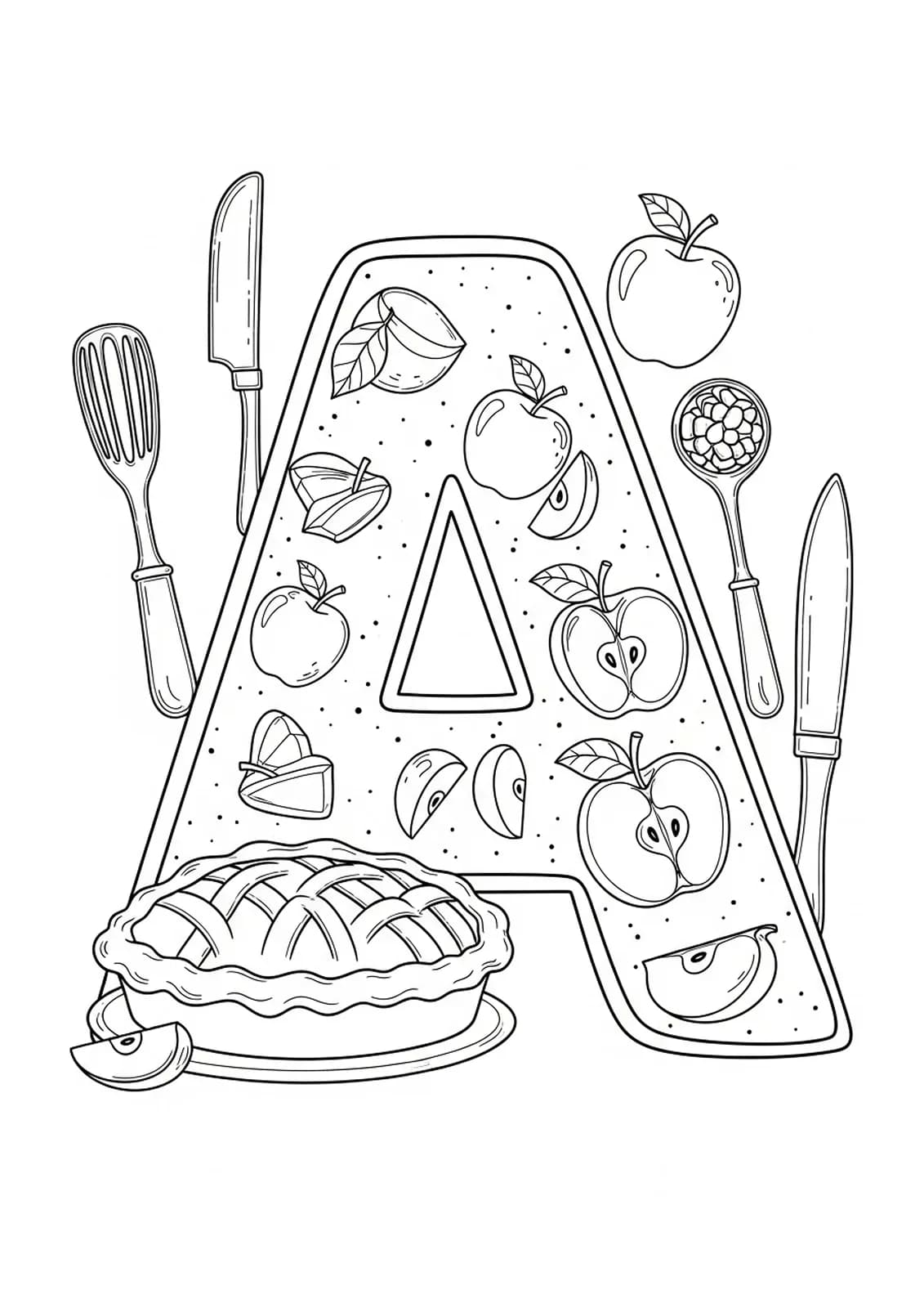 Coloring page with the letter A, an apple pie, apples, and baking tools.