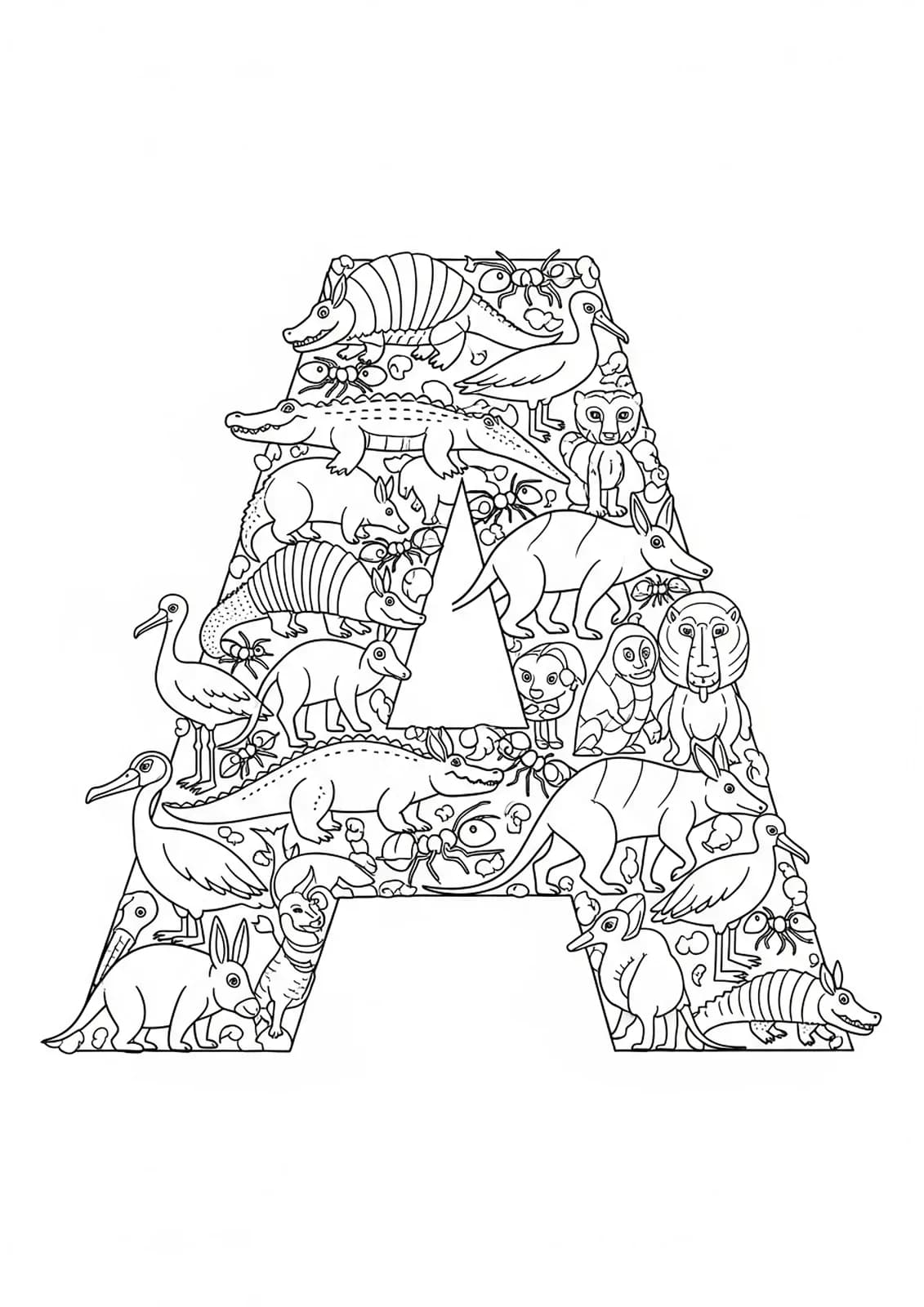 Letter A with intricately detailed alligators, armadillos, ants, and other animals for coloring.