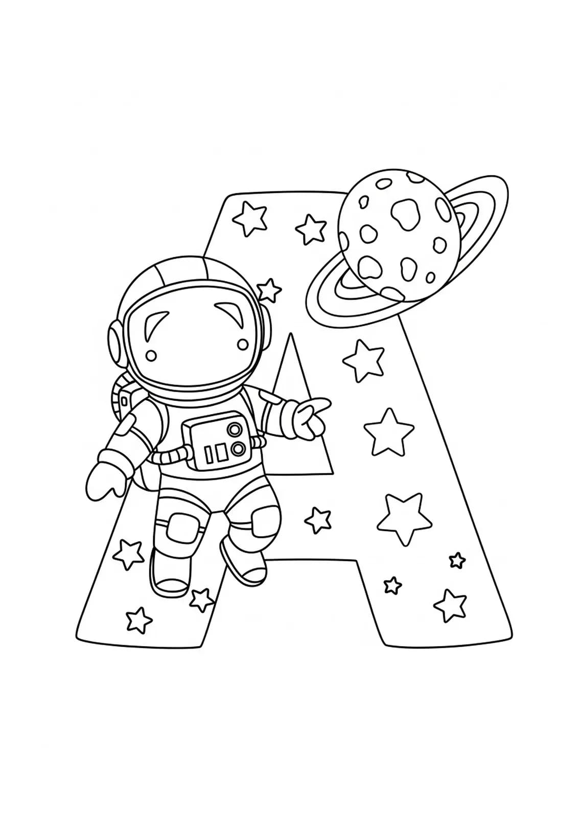Large letter A with a simple cartoon astronaut and stars for elementary coloring